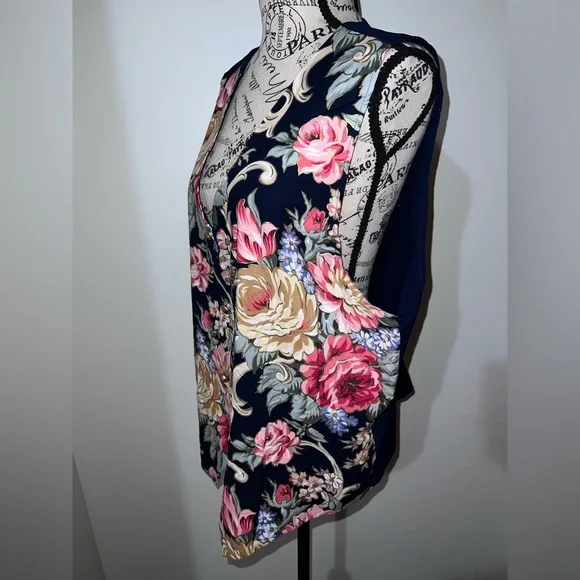Vintage Silver Threads 1X Floral Vest Navy Made in USA Cottagecore - Picture 3 of 9